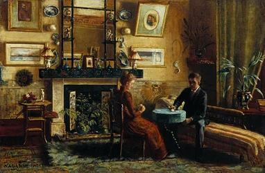 Interior with a Couple Playing Cards
